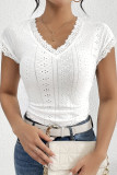 Lace V-Neck Short Sleeved Solid Color T-Shirt