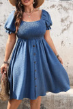 Square Neck Pleated Short Sleeved Dress