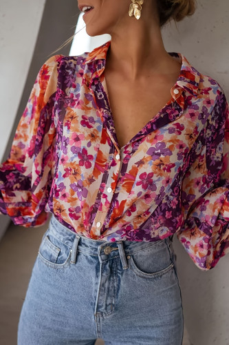 Flower Printed Lantern Long Sleeved Shirt