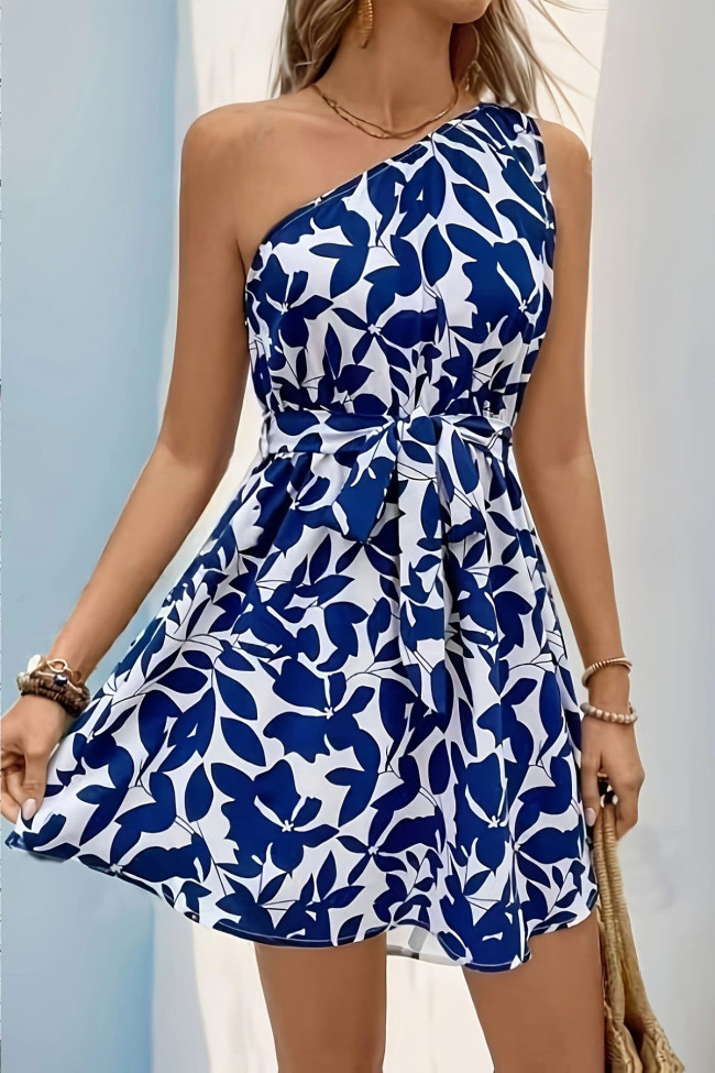 Printed Sleeveless Sloping Shoulder Dress