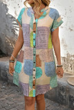 Summer Printed V-Neck Short Sleeve Button Dress