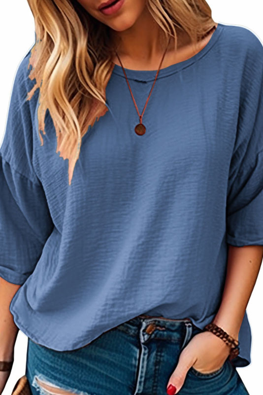 Solid Color Round Neck Seven Quarter Sleeve T-Shirt