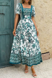 Printed Ruffle Edge Short Sleeved Square Neck Dress