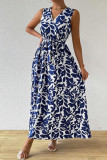 Printed V-Neck Waist Cinching Sleeveless Dress