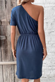 Slant Neck Single Shoulder Solid Solor Dress