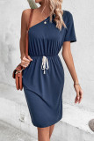 Slant Neck Single Shoulder Solid Solor Dress