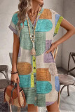Summer Printed V-Neck Short Sleeve Button Dress