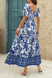 Printed Ruffle Edge Short Sleeved Square Neck Dress