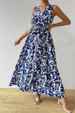 Printed V-Neck Waist Cinching Sleeveless Dress