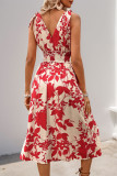 Sleeveless V-Neck Floral Print Waist Cinching Dress