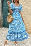 Printed Ruffle Edge Short Sleeved Square Neck Dress