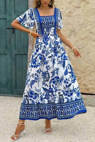 Printed Ruffle Edge Short Sleeved Square Neck Dress