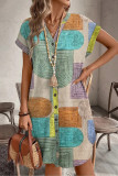 Summer Printed V-Neck Short Sleeve Button Dress