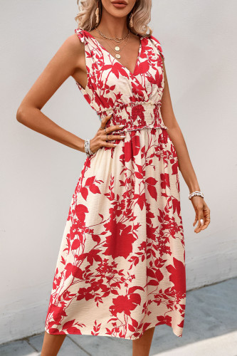 Sleeveless V-Neck Floral Print Waist Cinching Dress