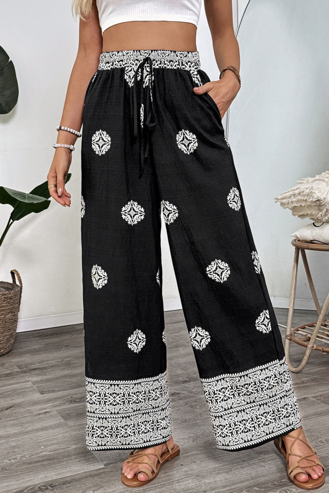 Ethnic Style Printed Elastic Waist Straight Leg Pants