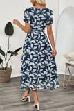 Retro Square Neck Waist Cinching Printed Dress