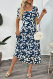 Retro Square Neck Waist Cinching Printed Dress