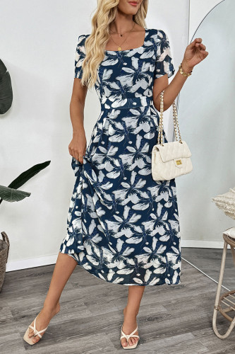 Retro Square Neck Waist Cinching Printed Dress