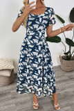 Retro Square Neck Waist Cinching Printed Dress