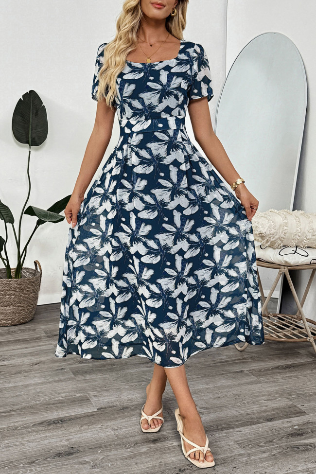 Retro Square Neck Waist Cinching Printed Dress