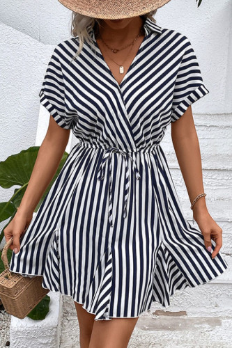 Summer Lapel Striped Waist Cinched Shirt Dress