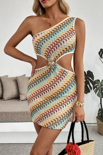 Vacation Style Color Stripe Single Shoulder Hollow Dress