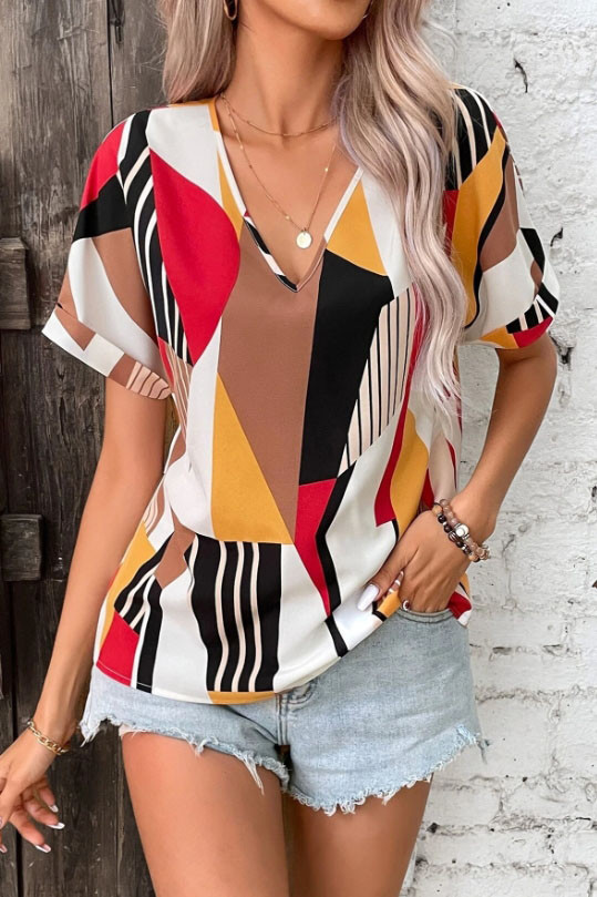 Geometric Print V-Neck Short Sleeved Loose Shirt
