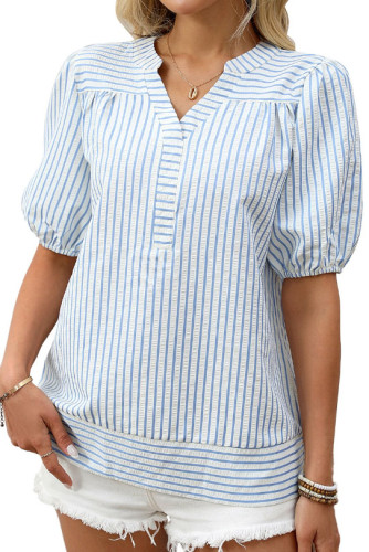 Summer V-Neck Bubble Sleeve Striped Shirt