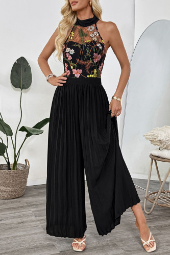Hanging Neck Sleeveless Lace Embroidered Wide Leg Jumpsuit