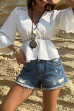 Solid Color Lace Hollow V-Neck Shirt