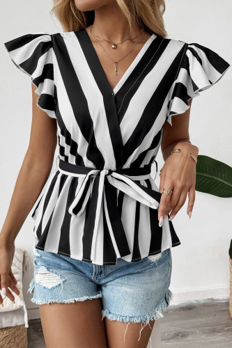V-Neck Lotus Leaf Short Sleeved Striped Shirt