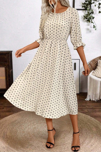 Polka Dot Round Neck Waist Cinching Dress
