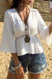 Solid Color Lace Hollow V-Neck Shirt