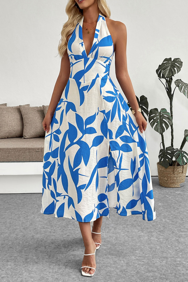 Vacation Style Halter Neck Split Backless Dress