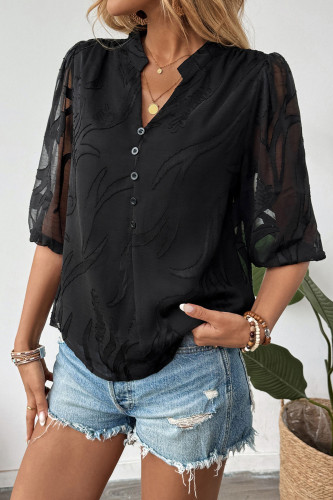 V-Neck Bubble Short Sleeve Solid Color Shirt