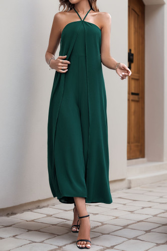 Solid Color Hanging Neck Chiffon Wide Leg Jumpsuit