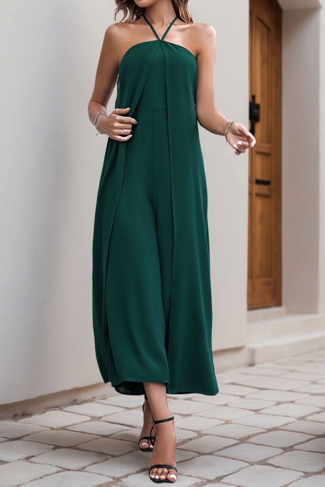 Solid Color Hanging Neck Chiffon Wide Leg Jumpsuit