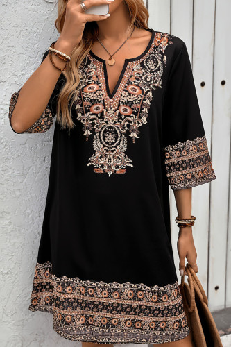 V-Neck Embroidered Seven Quarter Sleeve Dress