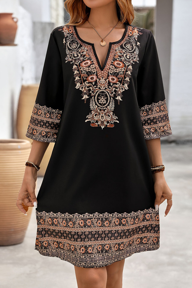 V-Neck Embroidered Seven Quarter Sleeve Dress