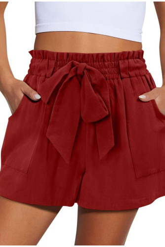 Solid Color Bow Elastic High Waist Shorts