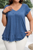 Large Size V-Neck Ruffled Short Sleeved T-Shirt