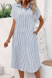 V-Neck Short Sleeved Striped Printed Shirt Dress
