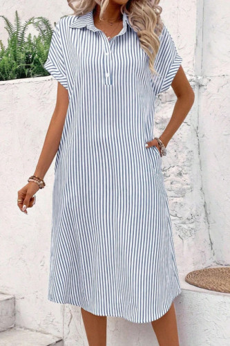 V-Neck Short Sleeved Striped Printed Shirt Dress