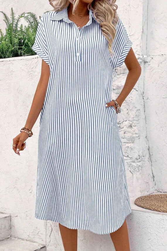 V-Neck Short Sleeved Striped Printed Shirt Dress