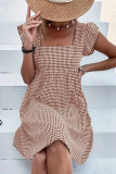 Square Neck Checkered Printed Ruffle Short Sleeved Dress