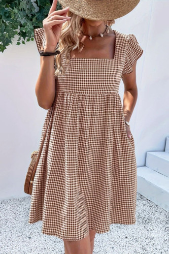 Square Neck Checkered Printed Ruffle Short Sleeved Dress