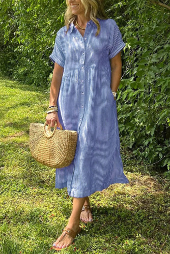 Large Size Striped Short Sleeved Shirt Dress