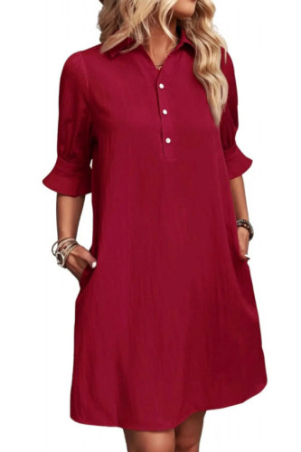 Solid color Lapel Short Sleeved Shirt Dress