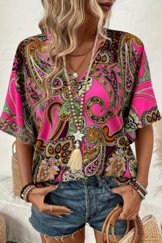 V-Neck Short Sleeved Printed Loose Shirt