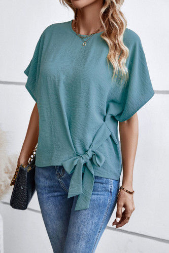 Round Neck Bat Sleeve Bow Hem Shirt